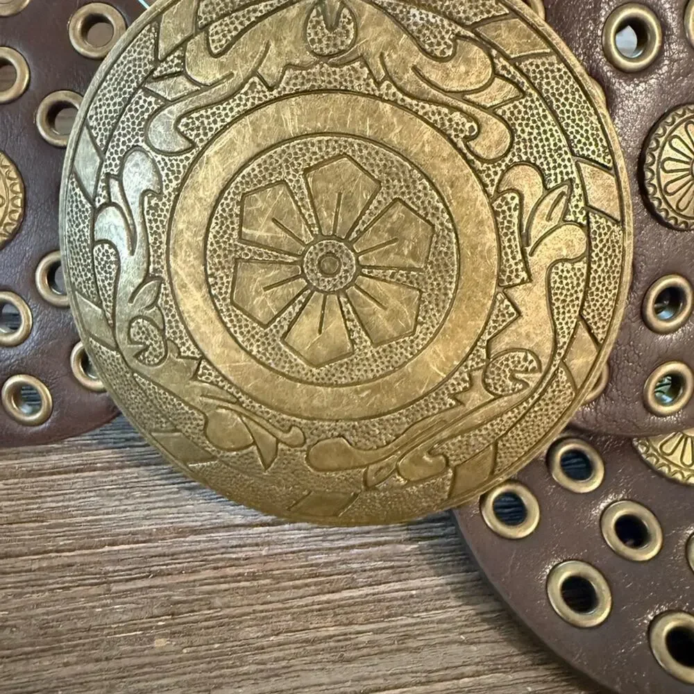 One Size Western Boho Embellished Circle Belt Brown Gold Big Buckle